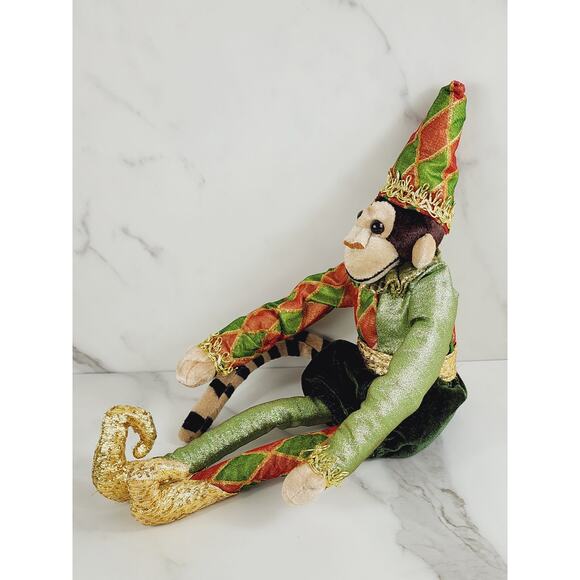 Christmas Jester Monkey Victorian Stuffed Harlequin Large 15" Green 90s Vintage - Picture 8 of 15